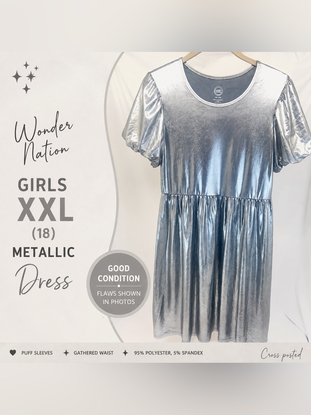 Wonder Nation Girls XXL 18 Metallic Silver Puff Sleeve Party Dress